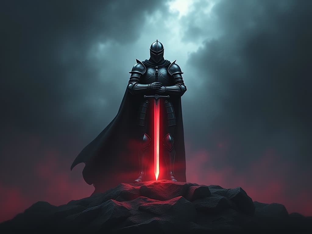  a valiant knight in shining armor standing tall, sword planted in the ground. stormy skies, radiant light shining from the sword, strength, authenticity.. the style is dark fantasy and mysterious occult, symbolic, moody lighting, esoteric vibe,high detail on character design. for the color scheme emphasize blacks and reds.