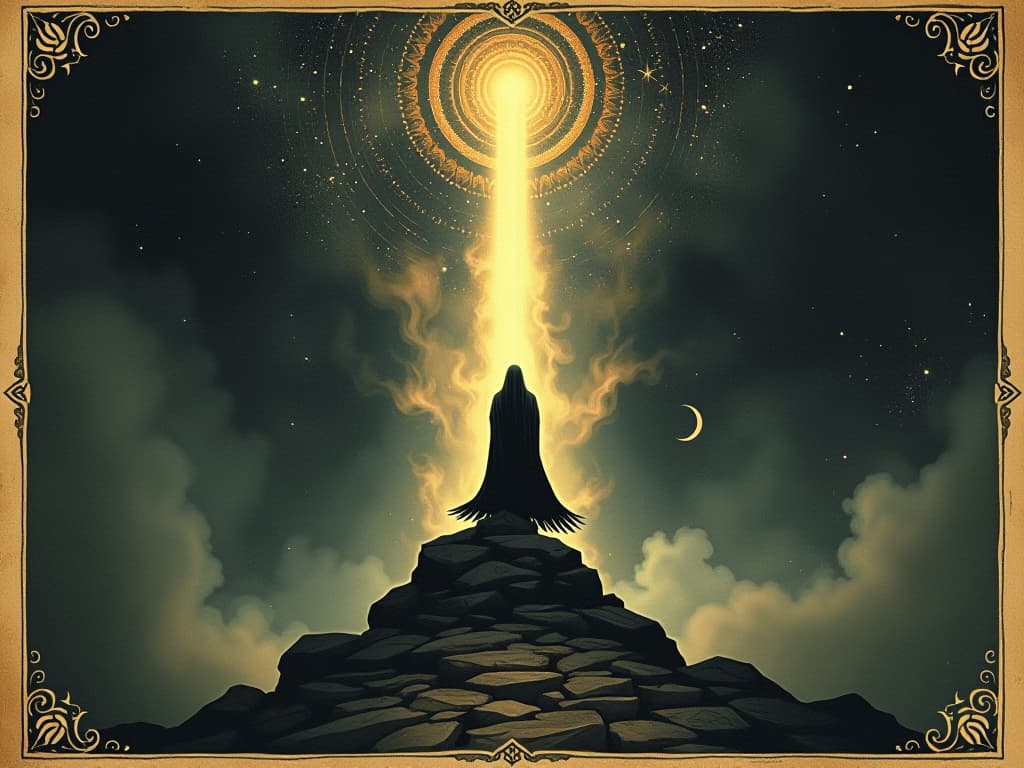  a beacon of light standing tall amid cosmic darkness, shining, guiding. an illustration in the style of a worn, mystical old tarot trump card, mysterious and elements of surrealism. the colors are muted, somber and eerie, but with contrast bring out an occult and esoteric vibe.