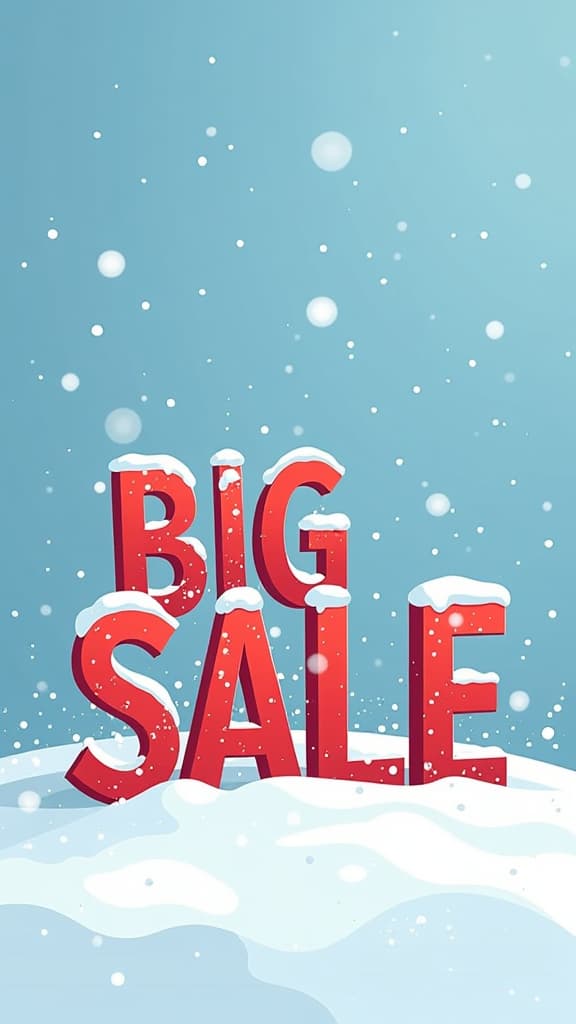  flat illustration, flaticon, (illustration:1.15), letters "big sale" standing on a snowdrift, with small snowdrifts on the letters, it's snowing, the font is simple and minimalistic, winter atmosphere ar 9:16, [cory loftis, strobist, pascal campion :: 0.2]