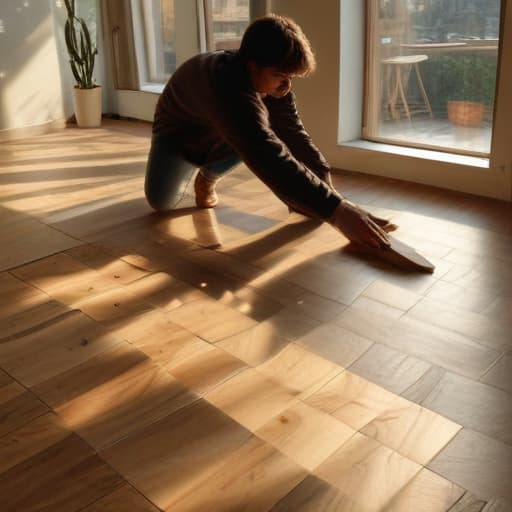 A photo of a skilled flooring artisan meticulously laying down intricate wooden floor tiles in a modern, sunlit living room during late afternoon with soft, golden rays streaming through large windows, casting long shadows across the room.