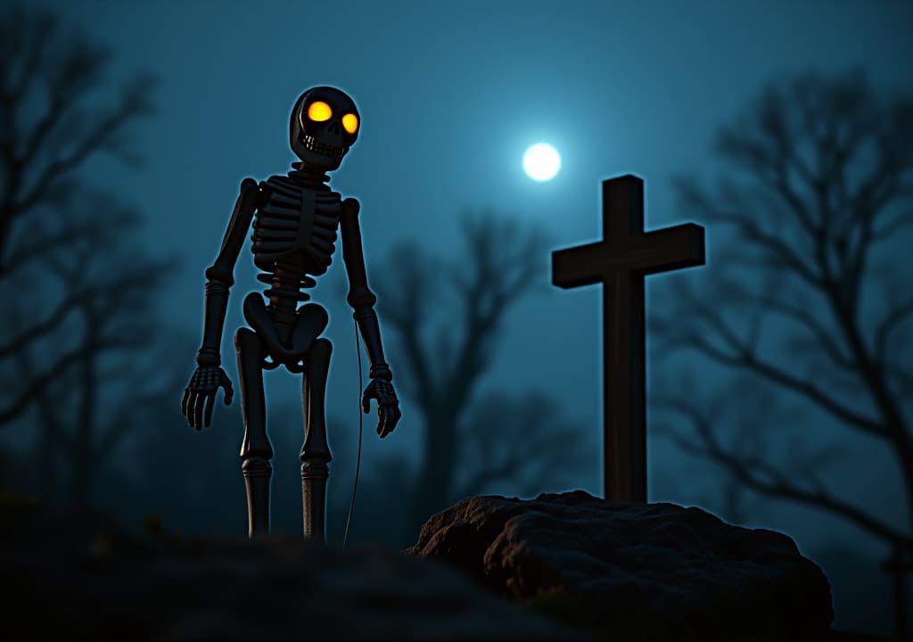  mummy puppet beside wooden cross in a moonlit cemetery