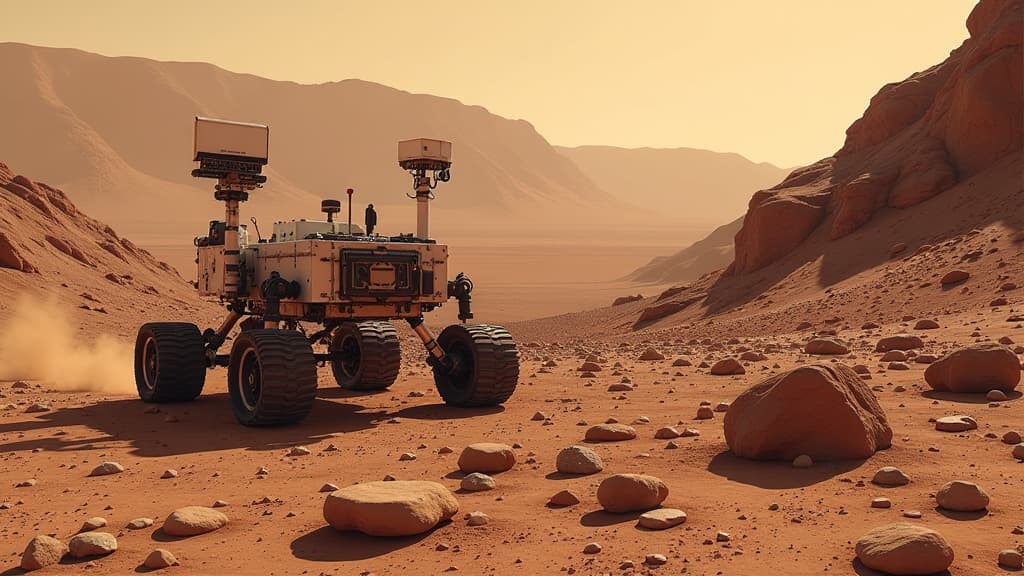  prompt: create a hyper realistic image showcasing the perseverance rover examining the rock named "cheyava falls" in the jezero crater on mars. the scene should depict the rover's detailed exploration of the martian rock, highlighting the presence of ancient microbial life through chemical signatures and structures. include visual elements like intricate organic compounds revealed by the sherloc instrument, signs of past flowing water, and the vast, mysterious martian landscape in the background