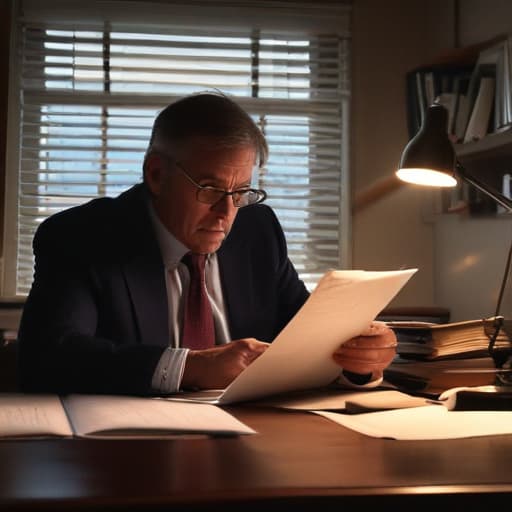 A photo of a frustrated car accident attorney reviewing case files in a dimly lit office during late evening with a single desk lamp casting dramatic shadows.