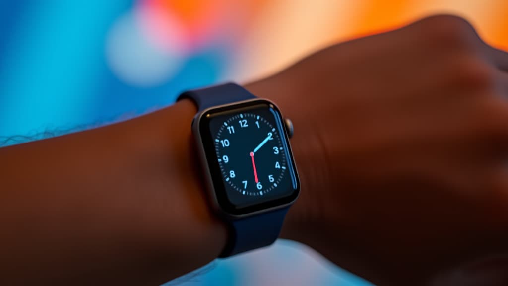  apple watch series 7 on wrist with blue and orange bokeh background