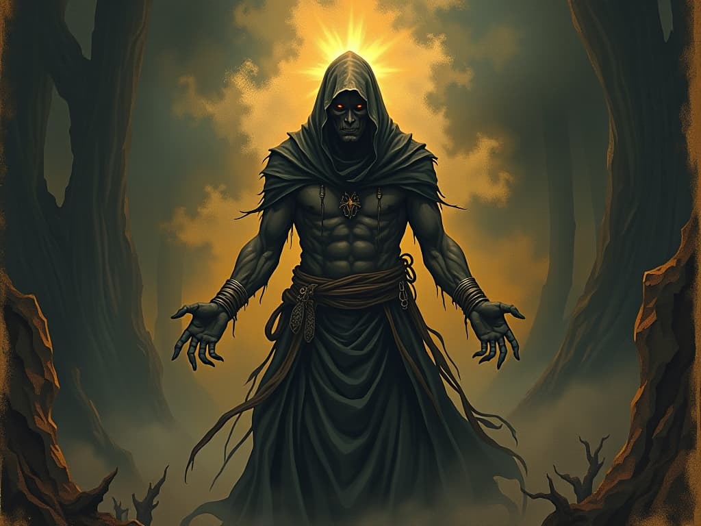  raw, glowing figure in the darkness, pulsating light, intense aura, rugged texture, strength, determination. an illustration in the style of a worn, mystical old tarot trump card, mysterious and elements of surrealism. the colors are muted, somber and eerie, but with contrast bring out an occult and esoteric vibe.