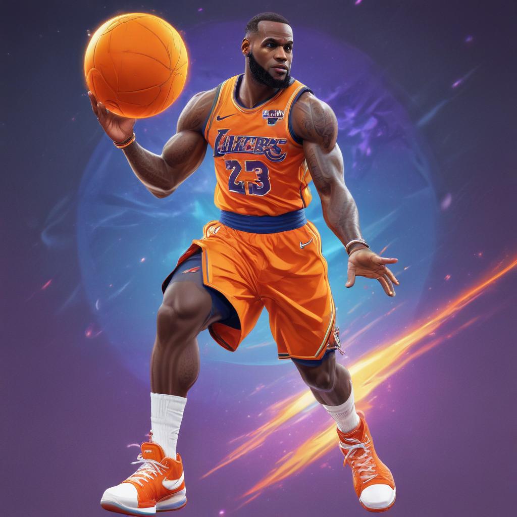 distance-shot, flashy, full-body, dynamic, holographic, animated cartoon poster of lebron james in the style of dragon ball super