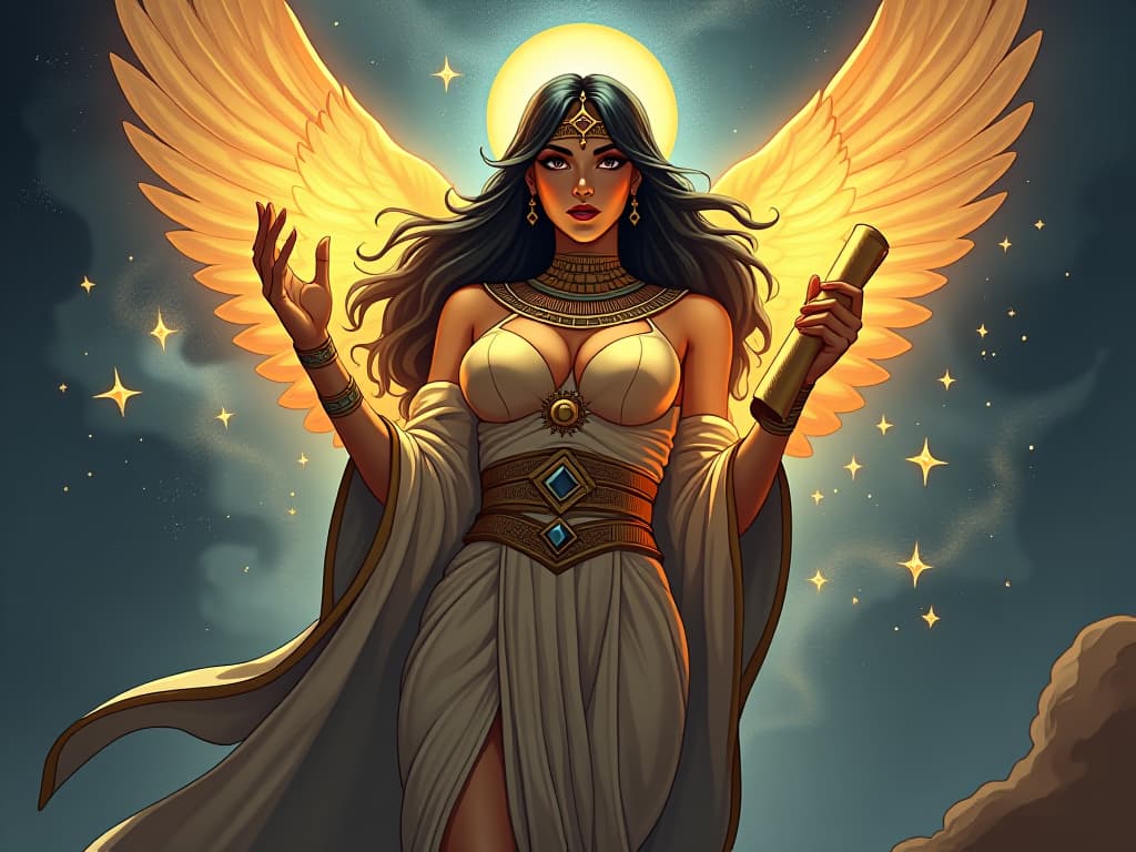  celestial figure holding a glowing scroll, surrounded by ethereal light, large busted woman in a form fitting robe, interpreting cosmic symbols, aura of profound understanding. the style is digital art illustration / modern comic book / mysterious occult, symbolic, esoteric vibe,high detail on character design, incorporating ancient egyptian symbology and attire.