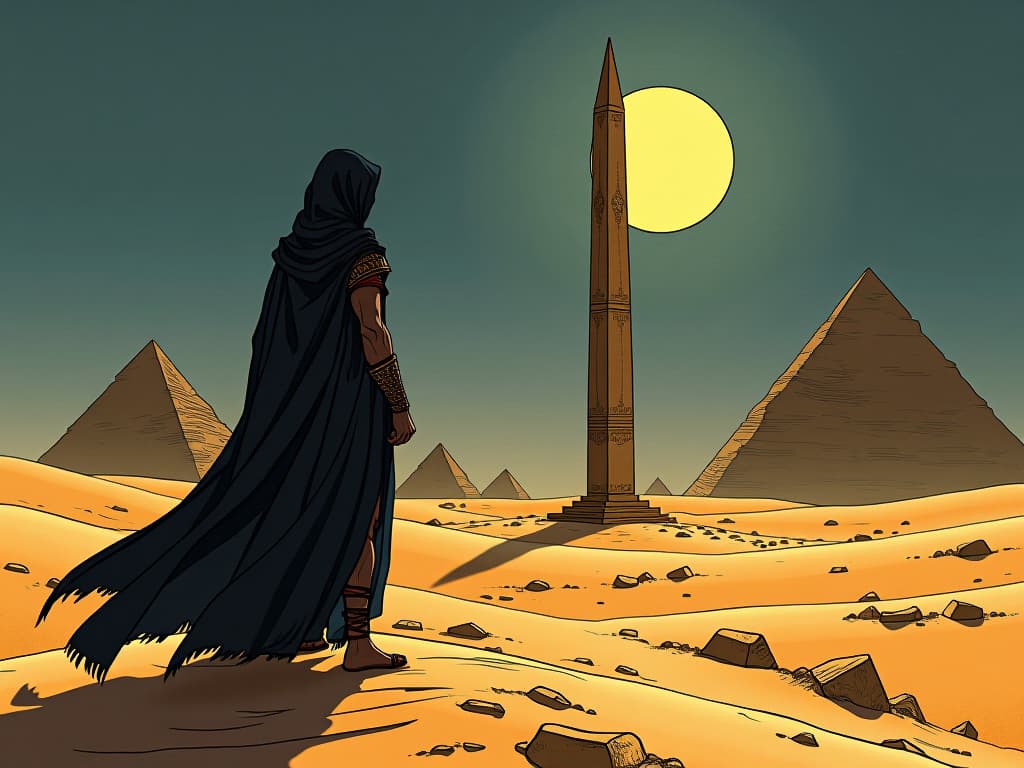  desert sands, shifting under a full moon, ancient obelisks swaying, symbolizing an unstable foundation. the style is digital art illustration / modern comic book / mysterious occult, symbolic, esoteric vibe,high detail on character design, incorporating ancient egyptian symbology and attire.