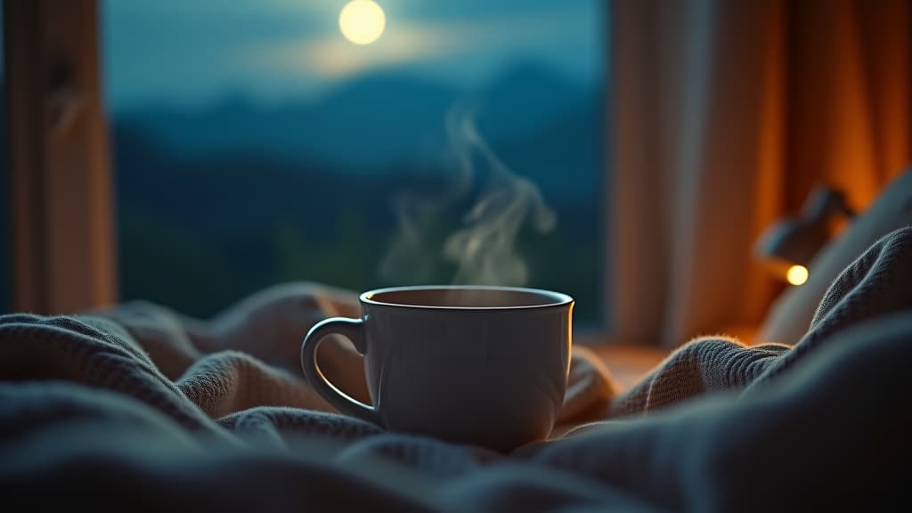  scenes about health and fitness, a calm evening setting with the moon and stars visible, personified with a steaming mug of chamomile tea. hyperrealistic, full body, detailed clothing, highly detailed, cinematic lighting, stunningly beautiful, intricate, sharp focus, f/1. 8, 85mm, (centered image composition), (professionally color graded), ((bright soft diffused light)), volumetric fog, trending on instagram, trending on tumblr, HDR 4K, 8K