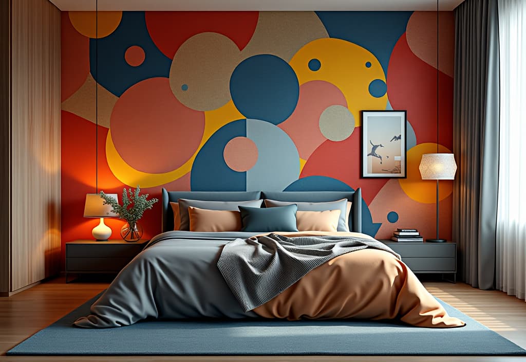  a landscape photo of a modern bedroom setting with a bold, abstract patterned wallpaper in vibrant colors, balanced with minimalist decor hyperrealistic, full body, detailed clothing, highly detailed, cinematic lighting, stunningly beautiful, intricate, sharp focus, f/1. 8, 85mm, (centered image composition), (professionally color graded), ((bright soft diffused light)), volumetric fog, trending on instagram, trending on tumblr, HDR 4K, 8K