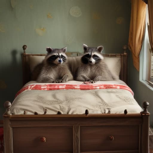 Two loved up raccoons in a bed room in Surrealist style