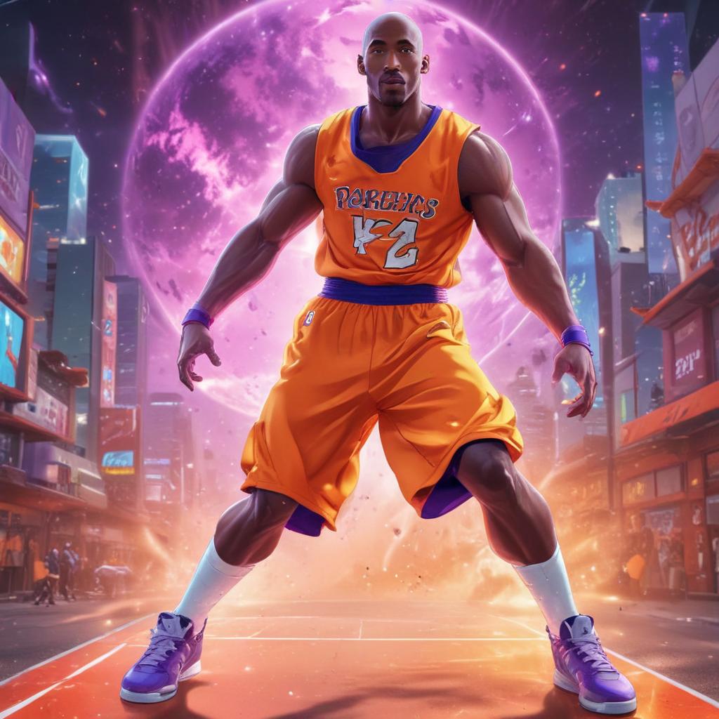 distance-shot, flashy, full-body, dynamic, holographic, animated cartoon poster of kobe scene in the style of dragon ball super