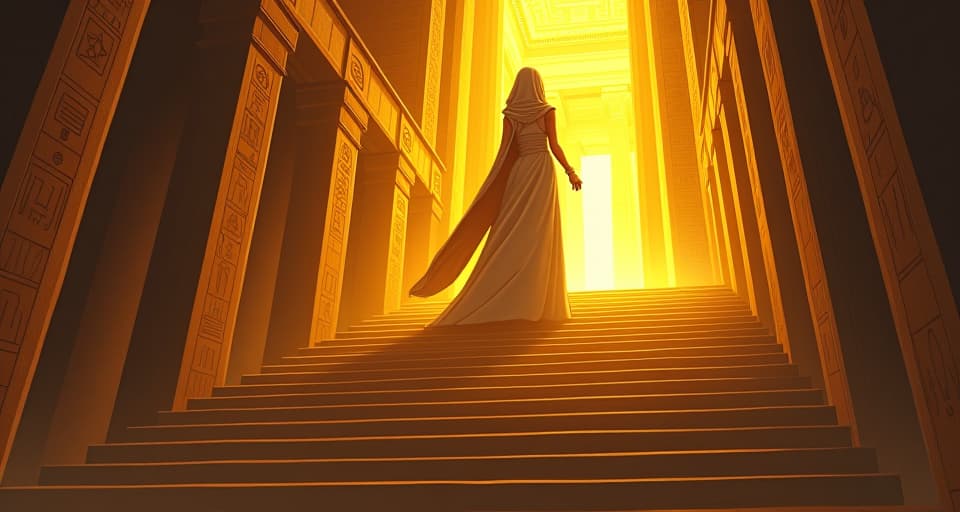  steep staircase leading to a bright, golden temple, large busted priestess in tight robes, standing at the top, hand reaching down, aura of ascension. the style is digital art illustration / modern comic book / mysterious occult, symbolic, esoteric vibe,high detail on character design, incorporating ancient egyptian symbology and attire.