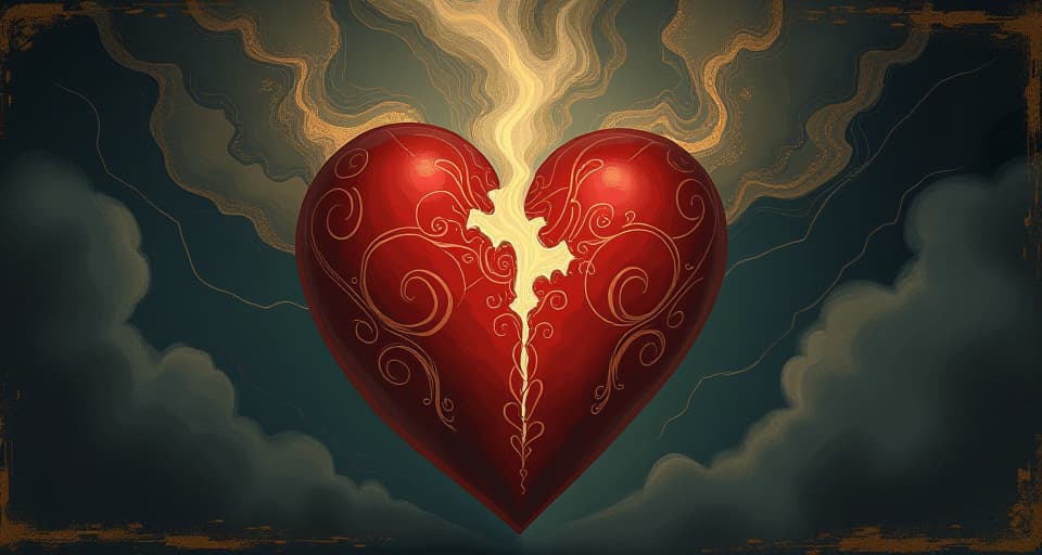  figurative image of a heart with a piece missing, ethereal and glowing, background of dark swirling clouds. an illustration in the style of a worn, mystical old tarot trump card, mysterious and elements of surrealism. the colors are muted, somber and eerie, but with contrast bring out an occult and esoteric vibe.