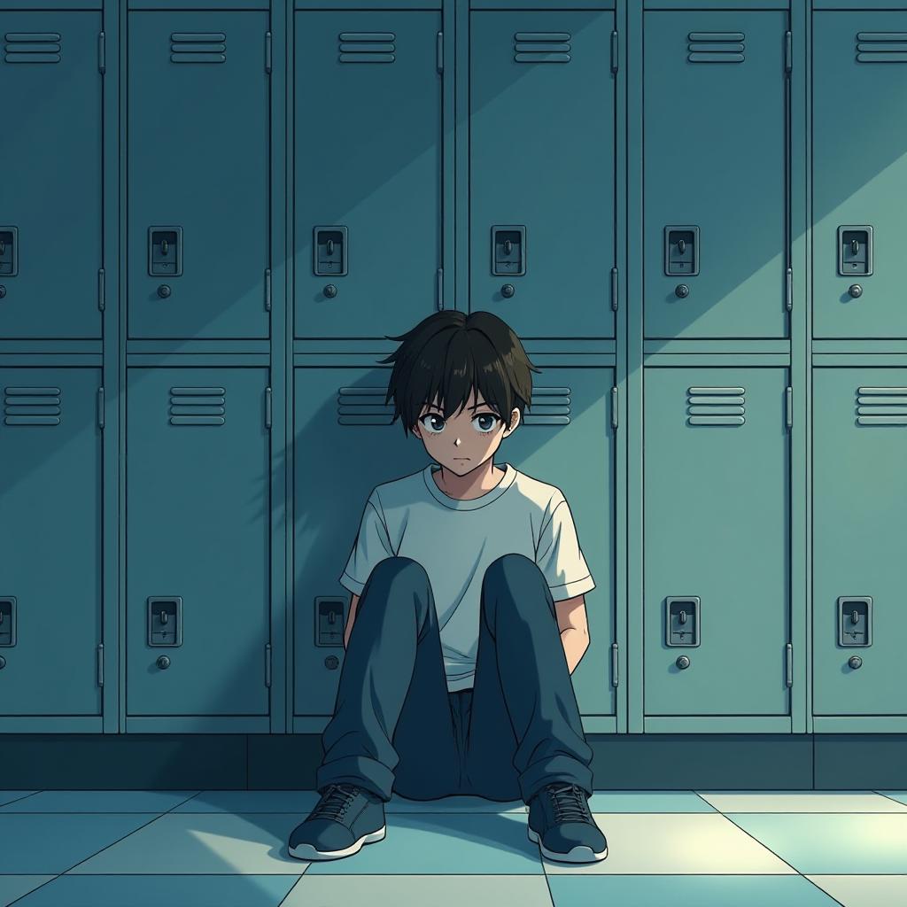  a young man sitting on the floor in front of a bunch of lockers, haruhi suzumiya, clinically depressed, beautiful comic art, bruh moment, rpg maker, yaoi, sad lighting, his arms are behind his back, uncompressed png, it is afternoon, textbook page, webtoons, 27, :6, blue text that says 3kliksphilp hyperrealistic, full body, detailed clothing, highly detailed, cinematic lighting, stunningly beautiful, intricate, sharp focus, f/1. 8, 85mm, (centered image composition), (professionally color graded), ((bright soft diffused light)), volumetric fog, trending on instagram, trending on tumblr, HDR 4K, 8K