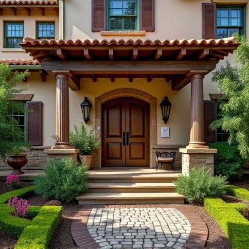  a charming home exterior with rustic beauty, featuring sturdy wooden beams and stone accents; warm and inviting, surrounded by lush greenery and a cobblestone pathway.