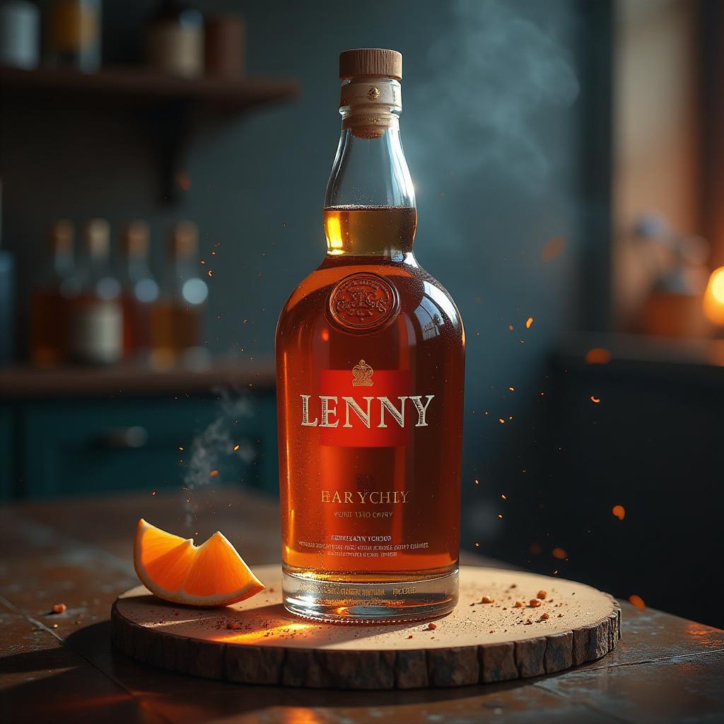  generate an art image. style realistic. do a logo of a liquor for lenny hyperrealistic, full body, detailed clothing, highly detailed, cinematic lighting, stunningly beautiful, intricate, sharp focus, f/1. 8, 85mm, (centered image composition), (professionally color graded), ((bright soft diffused light)), volumetric fog, trending on instagram, trending on tumblr, HDR 4K, 8K