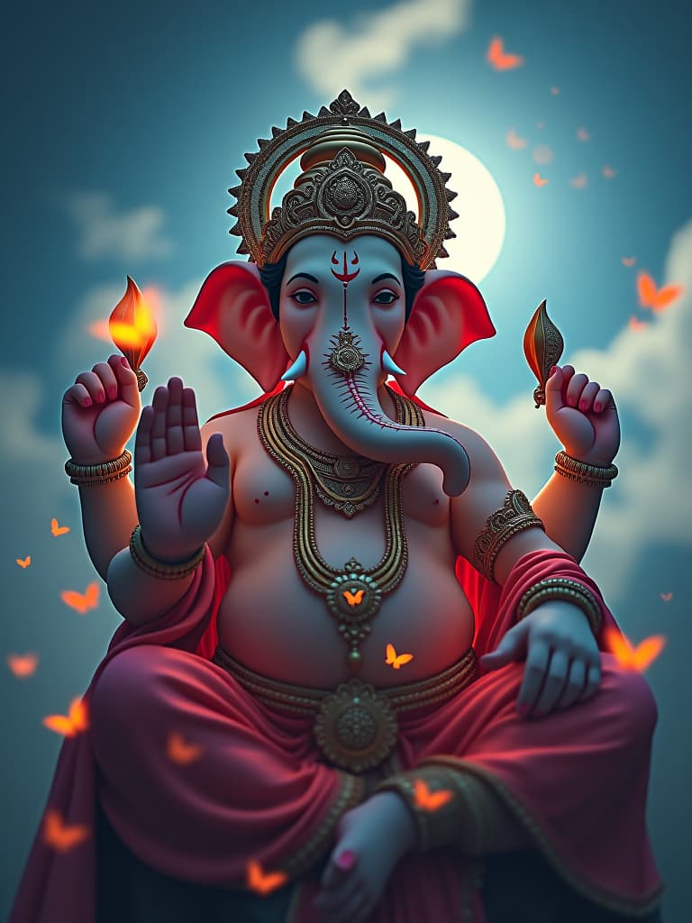  a portrait of a actual god ganesh ji (ganpati ji) with a luminous dress, eyes shut, mouth closed, wind, sky, clouds, the moon, moonlight, stars, universe, fireflies, butterflies, lights, lens flares effects, swirly bokeh, brush effect, celestial, amazing, astonishing, wonderful, beautiful, highly detailed hyperrealistic, full body, detailed clothing, highly detailed, cinematic lighting, stunningly beautiful, intricate, sharp focus, f/1. 8, 85mm, (centered image composition), (professionally color graded), ((bright soft diffused light)), volumetric fog, trending on instagram, trending on tumblr, HDR 4K, 8K