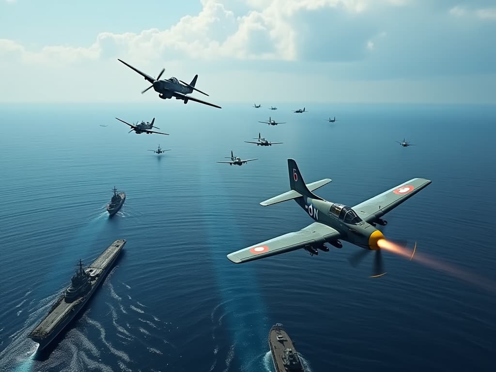  a historic depiction of the philippine sea battle, set in june 1944, with the massive u.s. navy fleet led by admiral raymond spruance, showing a fleet of over 500 ships, including aircraft carriers, battleships, and planes. the scene features intense air combat with american f6f hellcat fighters engaging japanese a6m zero fighters in the blue skies above a vast ocean, emphasizing the strategic importance and technological advancements of the time. hyperrealistic, full body, detailed clothing, highly detailed, cinematic lighting, stunningly beautiful, intricate, sharp focus, f/1. 8, 85mm, (centered image composition), (professionally color graded), ((bright soft diffused light)), volumetric fog, trending on instagram, trending on tumblr, HDR 4K, 8K