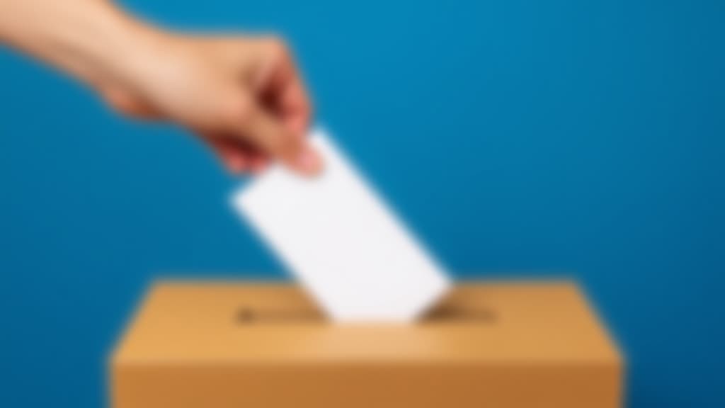  voting for the european union election, a hand putting a ballot paper into a ballot box on a blue background with copy space