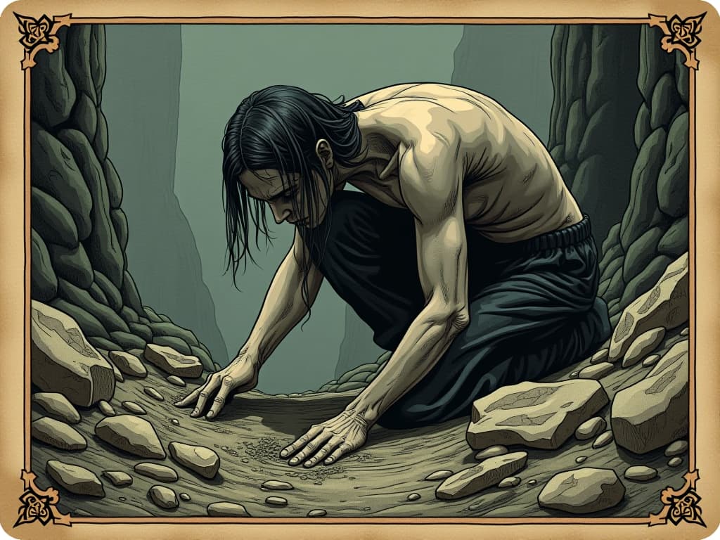  human figure, bent over rocky ground, digging or unearthing something, intense focus, rugged environment, perseverance, determination. an illustration in the style of a worn, mystical old tarot trump card, mysterious and elements of surrealism. the colors are muted, somber and eerie, but with contrast bring out an occult and esoteric vibe.