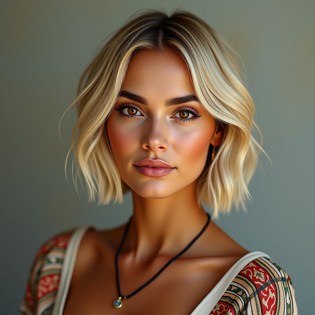  make an image of a mexican woman with short blonde bob with brown eyes looking boho