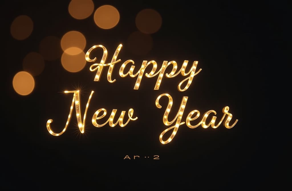  professional detailed photography, blurred golden bokeh on black background with happy new year inscription ar 3:2, (muted colors, dim colors, soothing tones), (vsco:0.3)