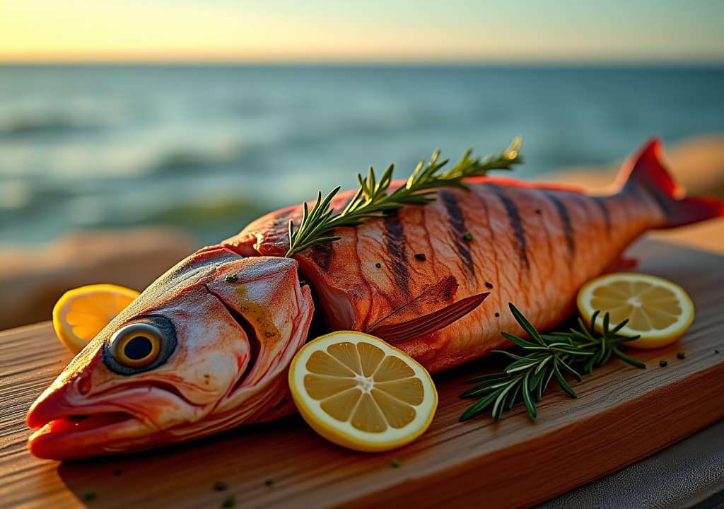  envision a mouthwatering image of a whole grilled red snapper, its skin crispy and golden, resting on a rustic wooden platter. the fish is garnished with vibrant lemon wedges, sprigs of fresh rosemary and thyme, and a scattering of crushed fennel seeds. a drizzle of olive oil glistens on the fish's surface, capturing the light. in the background, a mediterranean seaside setting with azure waters and a setting sun creates a warm, inviting atmosphere., in the style of photographic hyperrealistic, full body, detailed clothing, highly detailed, cinematic lighting, stunningly beautiful, intricate, sharp focus, f/1. 8, 85mm, (centered image composition), (professionally color graded), ((bright soft diffused light)), volumetric fog, trending on instagram, trending on tumblr, HDR 4K, 8K