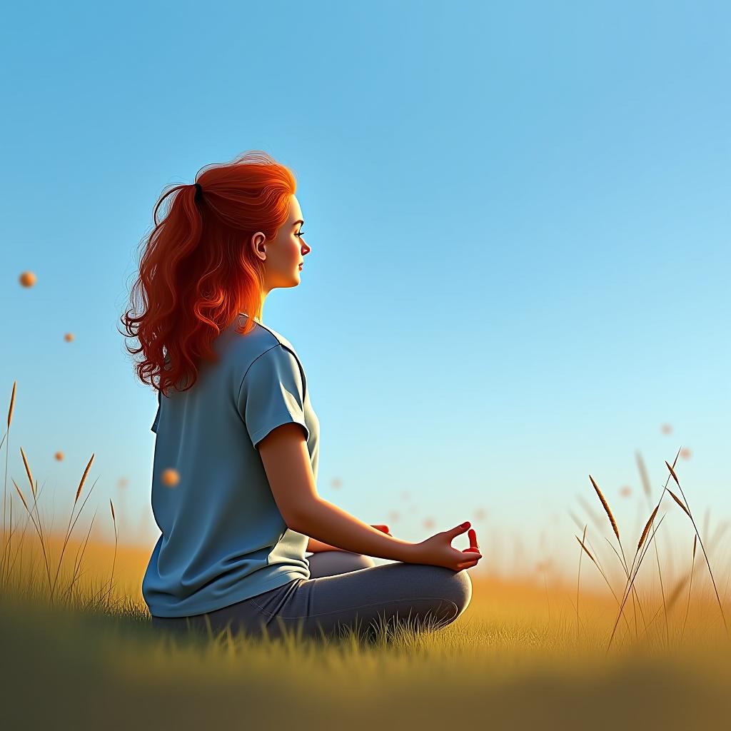  a girl with red hair is sitting and meditating in nature. it's daytime. the sky is blue.