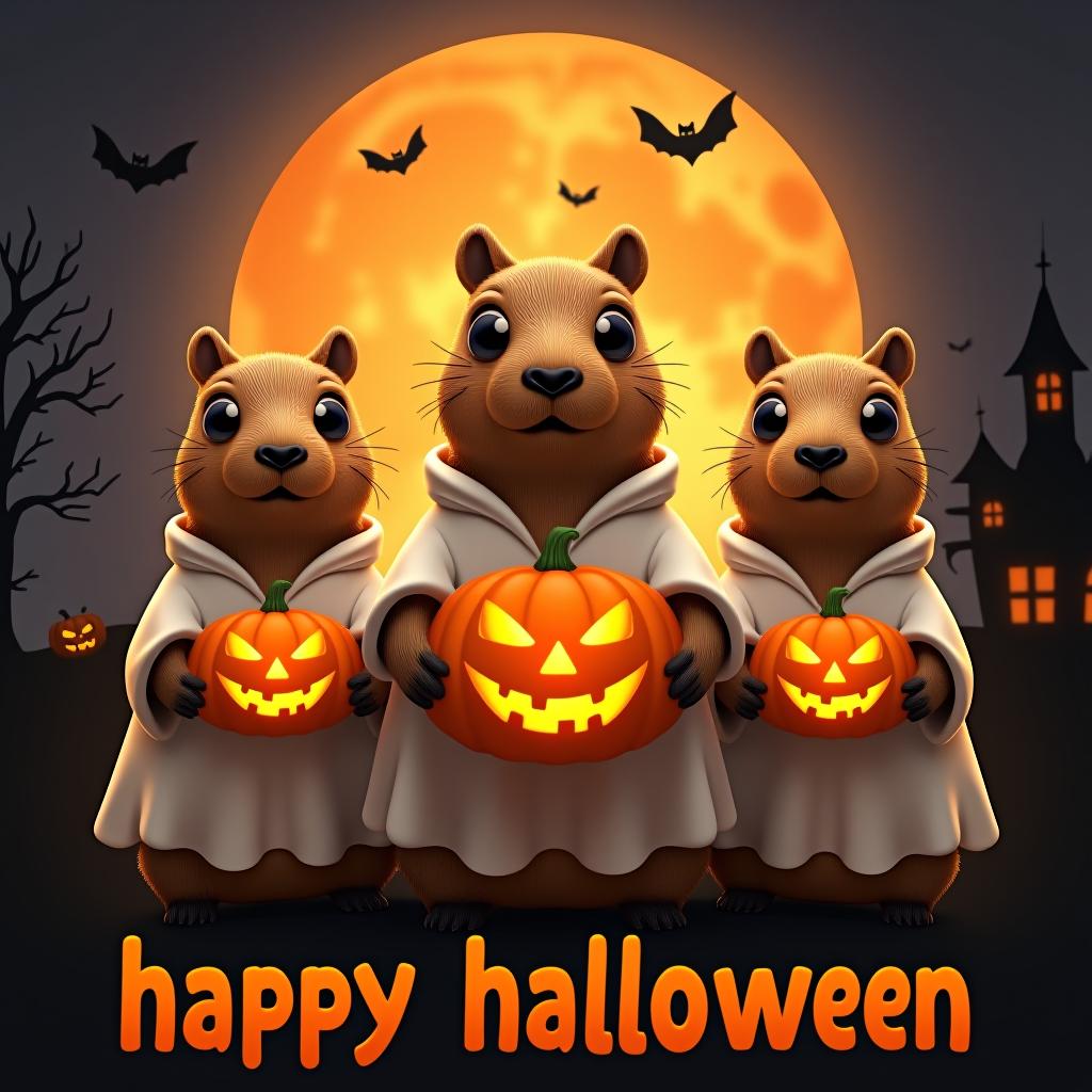  three capybaras wearing ghost shirts in a spooky halloween scene. each capybara has big black eyes. the middle capybara holds a large carved pumpkin, and the other two hold smaller carved pumpkins. the background features a large orange moon with black silhouettes of bats, haunted houses, and trees. below the capybaras, the word 'happy halloween' is written in a bold, stylized font. the overall style is fun and cartoonish with a glossy finish. hyperrealistic, full body, detailed clothing, highly detailed, cinematic lighting, stunningly beautiful, intricate, sharp focus, f/1. 8, 85mm, (centered image composition), (professionally color graded), ((bright soft diffused light)), volumetric fog, trending on instagram, trending on tumblr, HDR 4K, 8K