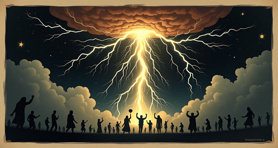  a blinding flash of lightning tearing through a pitch black sky, foreground of frightened, shadowy figures, chaotic energy, dramatic, explosive. an illustration in the style of a worn, mystical old tarot trump card, mysterious and elements of surrealism. the colors are muted, somber and eerie, but with contrast bring out an occult and esoteric vibe.