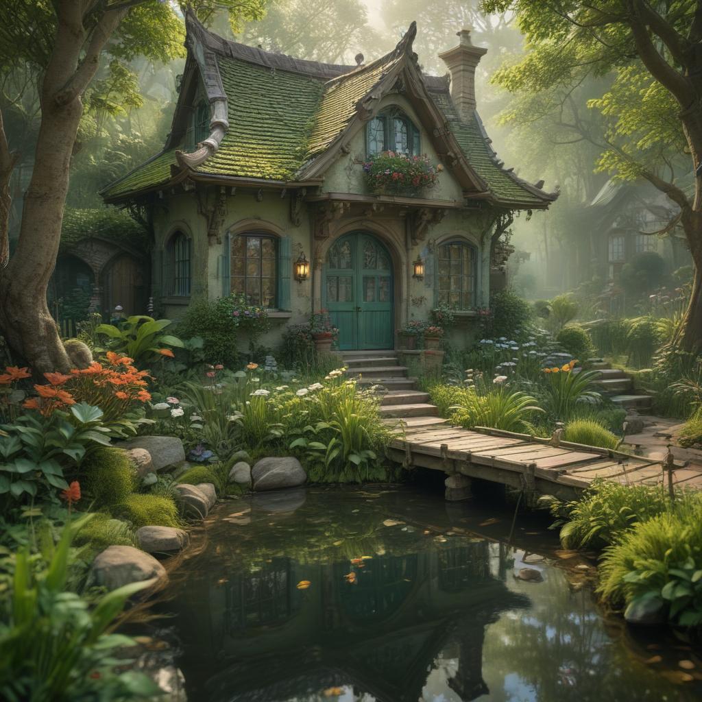 ((masterpiece)),(((best quality))), 8k, high detailed, ultra detailed,A whimsical green miniature architecture with colorful windows, a small pond with fish, a winding path leading to the entrance, a miniature garden with tiny benches, butterflies fluttering around hyperrealistic, full body, detailed clothing, highly detailed, cinematic lighting, stunningly beautiful, intricate, sharp focus, f/1. 8, 85mm, (centered image composition), (professionally color graded), ((bright soft diffused light)), volumetric fog, trending on instagram, trending on tumblr, HDR 4K, 8K