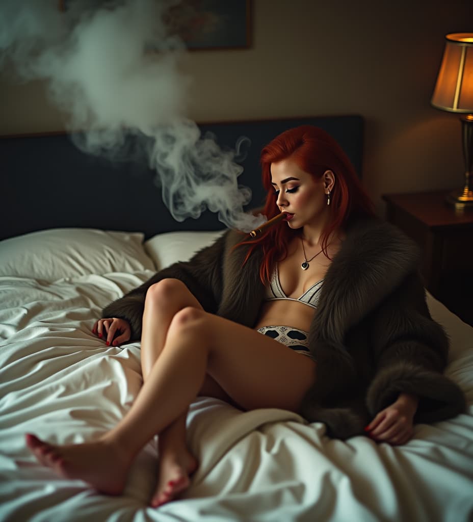  a pretty redhead dominatrix smoking a big cuban cigar, blowing huge clouds of smoke on a chinese dude, wearing fur coat, bare feet on bed