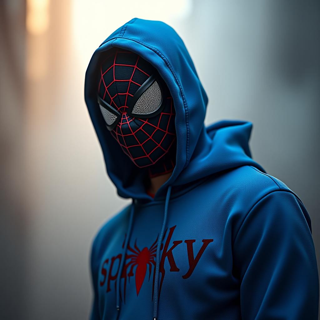  white man with a spiderman mask on his face with a blue hoodie with sparky written on hoodie hyperrealistic, full body, detailed clothing, highly detailed, cinematic lighting, stunningly beautiful, intricate, sharp focus, f/1. 8, 85mm, (centered image composition), (professionally color graded), ((bright soft diffused light)), volumetric fog, trending on instagram, trending on tumblr, HDR 4K, 8K