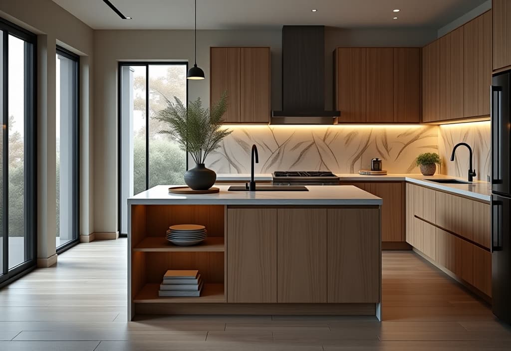  a landscape photo of a narrow, console style kitchen island with a waterfall countertop, open shelving, and slim profile, positioned against a wall in a galley kitchen hyperrealistic, full body, detailed clothing, highly detailed, cinematic lighting, stunningly beautiful, intricate, sharp focus, f/1. 8, 85mm, (centered image composition), (professionally color graded), ((bright soft diffused light)), volumetric fog, trending on instagram, trending on tumblr, HDR 4K, 8K