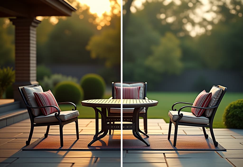  a landscape photo of a split screen image comparing a well maintained patio set after years of use next to a neglected, weathered set, highlighting the importance of proper care hyperrealistic, full body, detailed clothing, highly detailed, cinematic lighting, stunningly beautiful, intricate, sharp focus, f/1. 8, 85mm, (centered image composition), (professionally color graded), ((bright soft diffused light)), volumetric fog, trending on instagram, trending on tumblr, HDR 4K, 8K