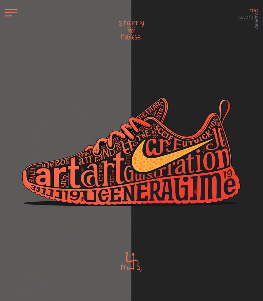  (minimalist logo design:1.2), featuring the vertically stretched text “artgeneration.me” inscribed within the silhouette of a (sneaker:1.1), perfectly following its contours and filling all available space. the sneaker is ingeniously crafted from the text itself, rendered in a (stylized fire font:1.3) that evokes a sense of energy and movement. the composition is a (multi layered image:1.2), embodying a flat logo aesthetic ideal for (advertising:1.3) and merchandise. this design showcases an innovative font transformation and is realized in the (best quality:1.1) with (16k resolution:1.3), representing a true masterpiece of lettering and calligraphy.