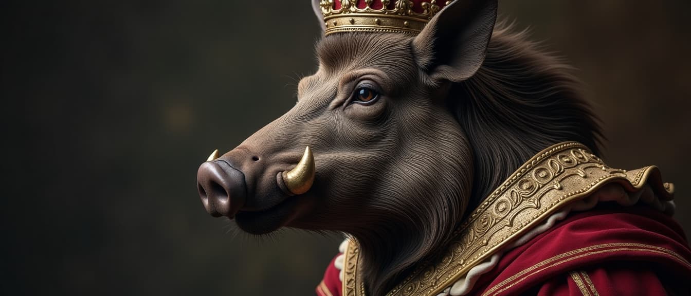  a regal boar's head adorned with a crown and ornate collar, symbolizing power and majesty., high quality, high details, hd, perfect composition, 4k epic detailed, highly detailed, sharp focus, high resolution