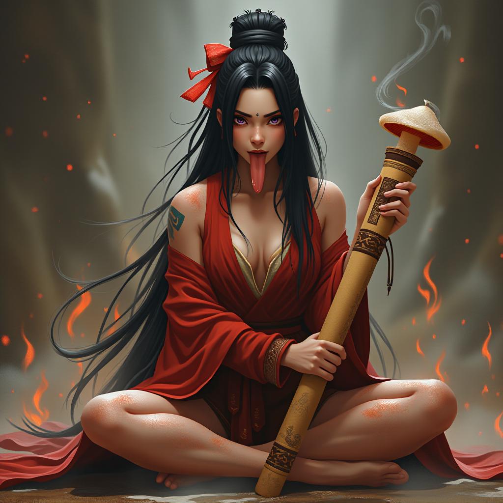  beautiful fire princess azula sticking her large flat tongue fully out, covered in sweat, her hair goes down to her feet, holding a tan colored cylinder with a mushroom at the end, woman, black hair, hairpin, purple eyes, sitting cross legged on the ground, award winning, professional, highly detailed, masterpiece