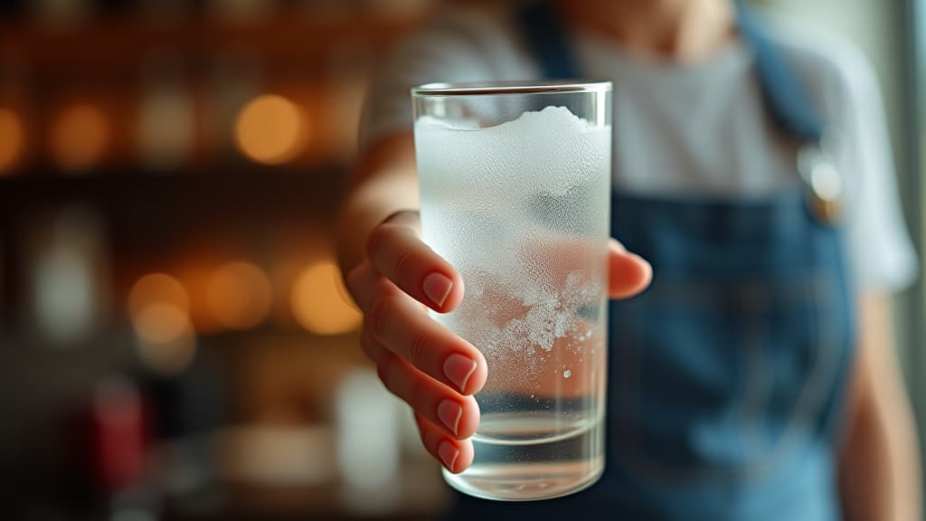  a close up of a hand holding a glass filled with sparkling water, capturing the refreshing sensation and bubbly texture.