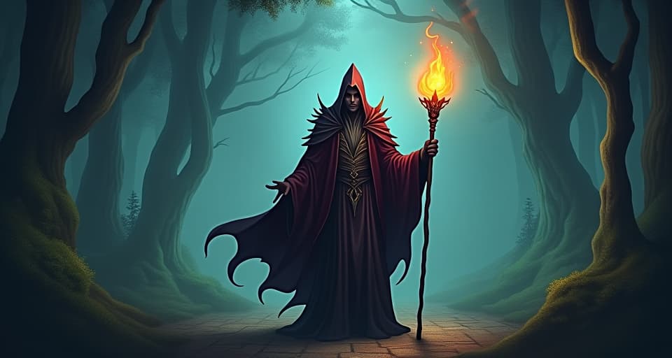  a mystical sorcerer with a staff glowing with dark, magical energy, standing in an enchanted forest clearing, their presence radiating a potent, intense power.. the style is digital art illustration,highly detailed, whimsical,magical, dreamlike atmosphere, realism and fantasy blend, smooth, glossy textures,luminous quality, wonder and enchantment.