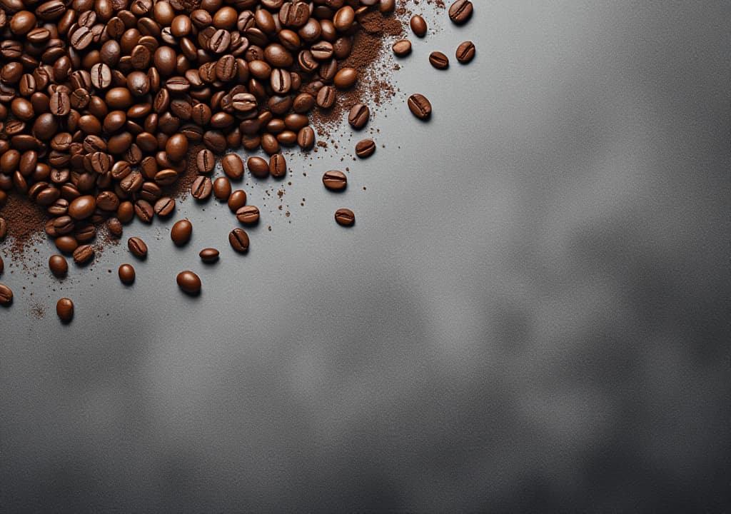  coffee beans and ground coffee on gray background with blank space above view, high quality, high details, hd, perfect composition, 4k epic detailed, highly detailed, sharp focus, high resolution