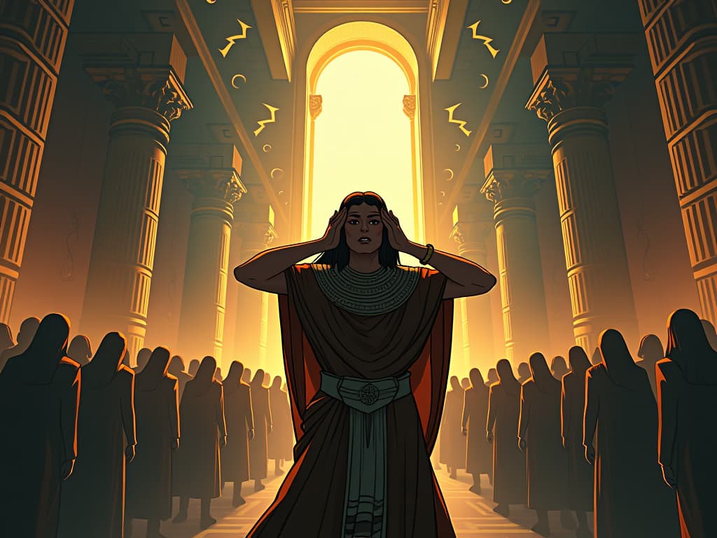  a large, echoing hall filled with indistinct figures, noise illustrated as jagged lines, a central figure clasping their ears in distress, symphony of peace disrupted. the style is digital art illustration / modern comic book / mysterious occult, symbolic, esoteric vibe,high detail on character design, incorporating ancient egyptian symbology and attire.