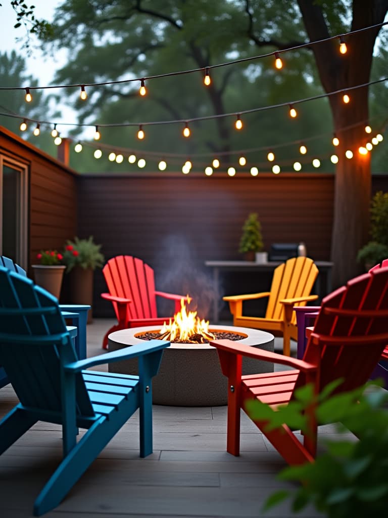  high quality portrait photo of an outdoor lounge area with a diy concrete fire pit surrounded by colorful adirondack chairs made from reclaimed wood, with string lights crisscrossing overhead hyperrealistic, full body, detailed clothing, highly detailed, cinematic lighting, stunningly beautiful, intricate, sharp focus, f/1. 8, 85mm, (centered image composition), (professionally color graded), ((bright soft diffused light)), volumetric fog, trending on instagram, trending on tumblr, HDR 4K, 8K