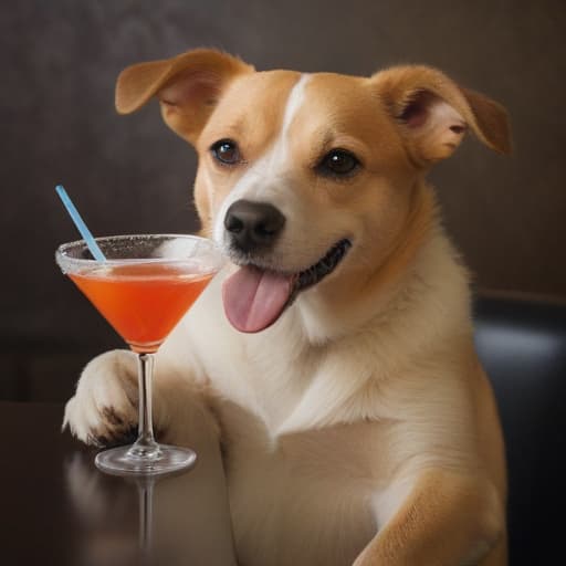 A dog drinking a martini while using a cell phone