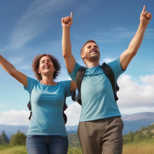 A photorealistic image of a healthy smiling man and woman with their arms up in excitement hiking in a beautiful serene area with a deep blue sky and greenery