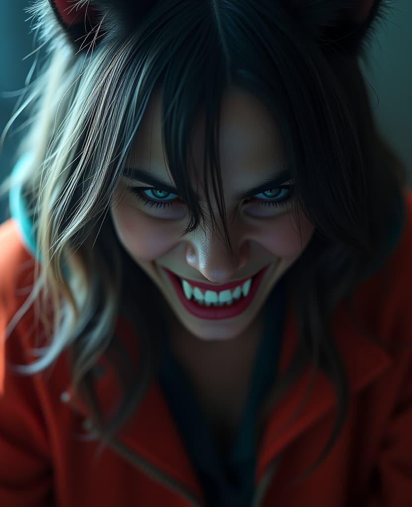  the lycanthrope grins angrily, her small fangs, hyperrealistic, full body, detailed clothing, highly detailed, cinematic lighting, stunningly beautiful, intricate, sharp focus, f/1. 8, 85mm, (centered image composition), (professionally color graded), ((bright soft diffused light)), volumetric fog, trending on instagram, trending on tumblr, HDR 4K, 8K