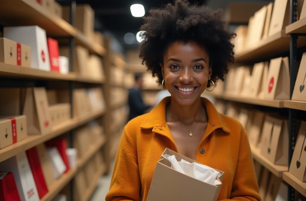  advertising style, stock photo, corporate branding style dark skinned woman with craft bags in a store. christmas. . professional, clean, modern, product focused, commercial, eye catching, minimalist, business oriented, highly detailed