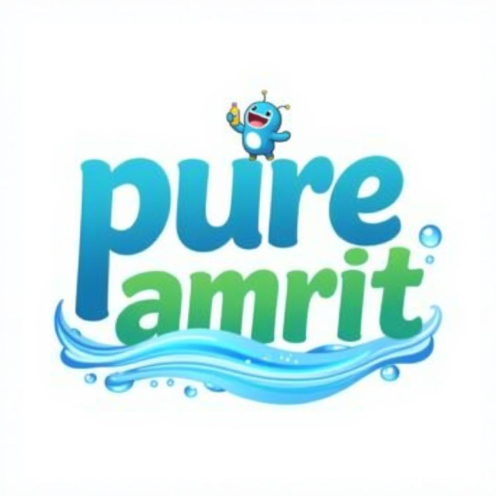  create a vibrant logo for a mineral water brand named 'pure amrit.' the logo should feature the text 'pure amrit' in an indian anime style font. include the letters 'pu' prominently, with a small, cute anime character above it, representing hydration or refreshment. the character should be holding a water bottle or enjoying a drink. use a color palette of blues and greens to evoke freshness, with bright accents. the background should be transparent., high quality, high details, hd, perfect composition, 4k epic detailed, highly detailed, sharp focus, high resolution