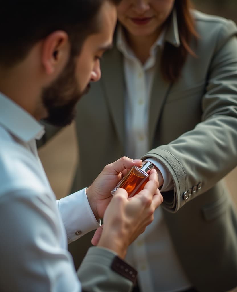  a man demonstrates the process of applying perfume to the wrist with the help of perfume, how easy and convenient it is to use our product in any situation. this emphasizes functionality and usability.